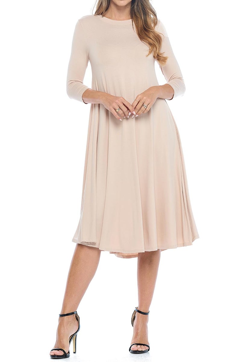 iconic luxe Women's Swing Midi Dress â€“ 3/4 Sleeve Flowy A-Line Tunic â€“ Soft, Stretchy, Comfortable, and Versatile Casual Dress for Everyday Wear X-Large Mocha - Image 3